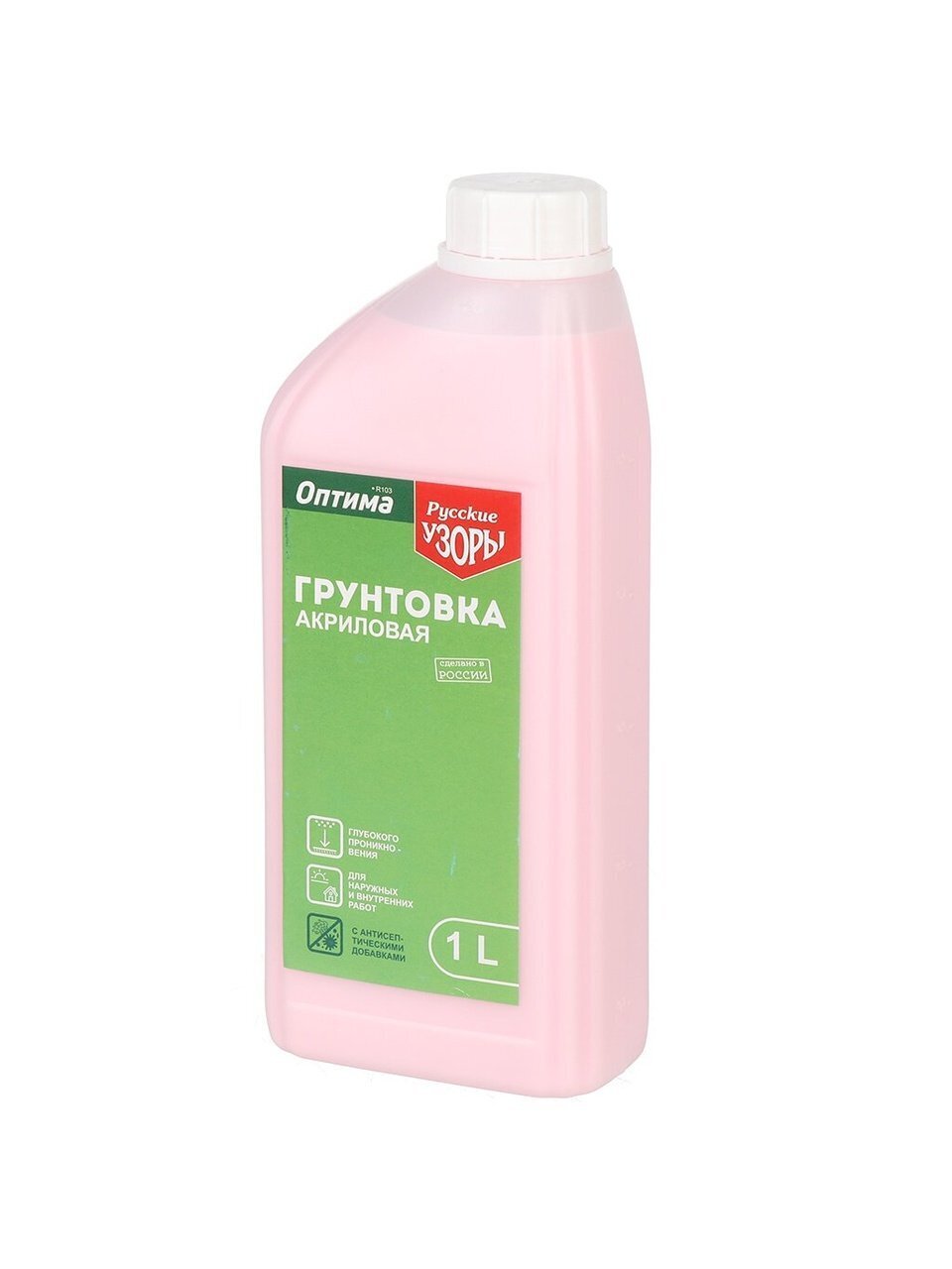 Грунтовка водно-дисперсионная, акриловая, Русские узоры, Оптима R103, глубокого проникновения, для внутренних и наружных работ, 1 л