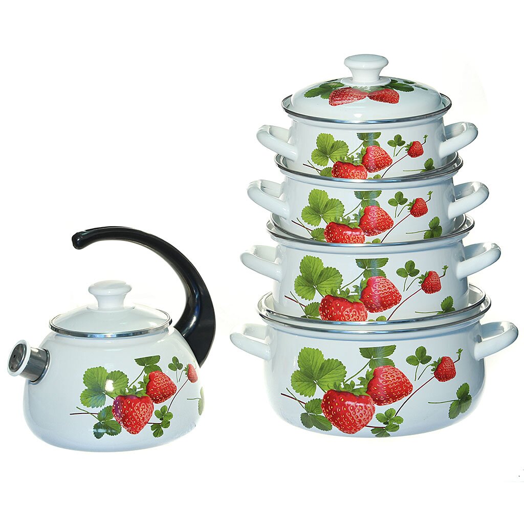 Набор эмалированной посуды Керченский металлургический завод Летняя ягода (кастрюля 1.5+2+3+4 л, чайник 2 л), 10 предметов