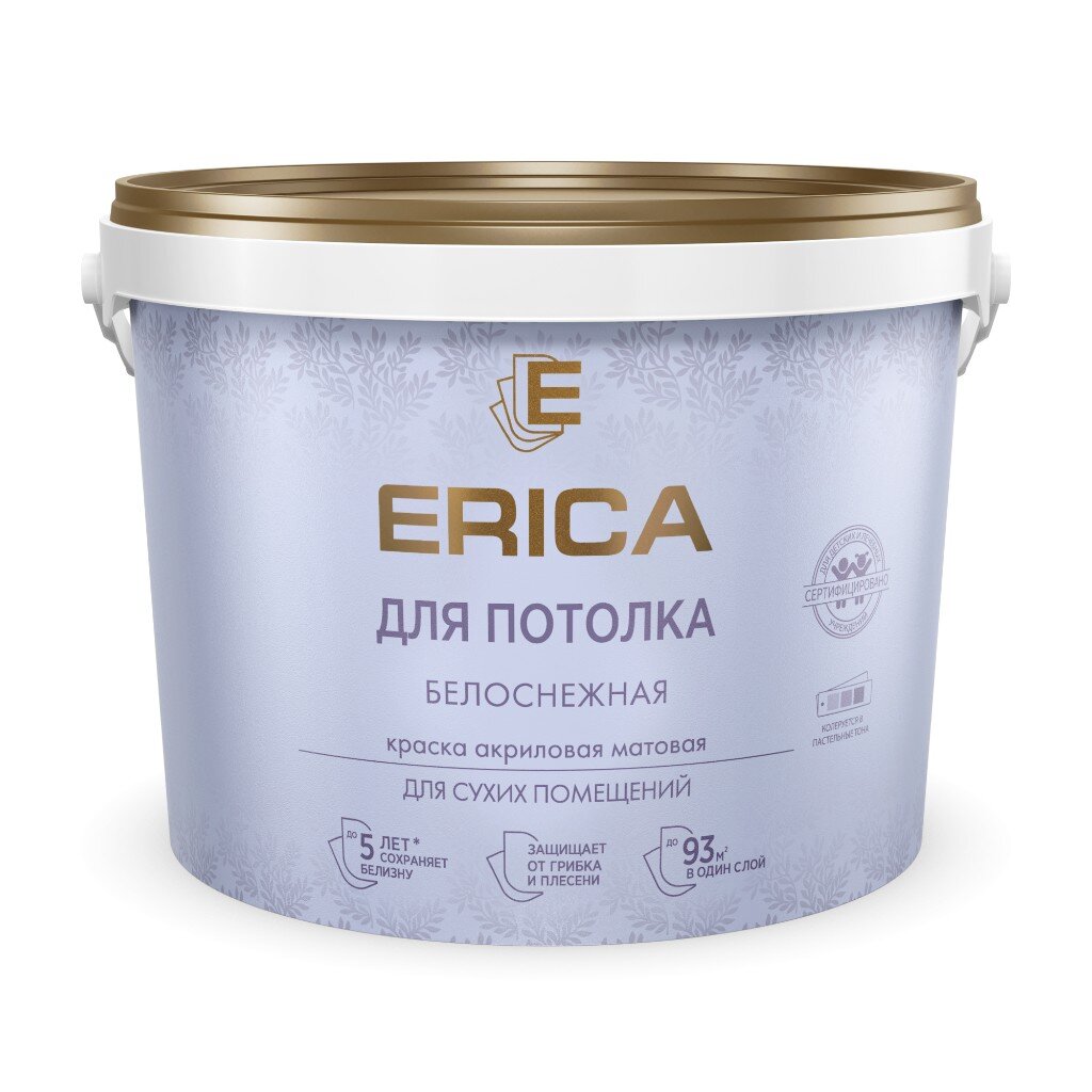 Краска воднодисперсионная, Erica, акриловая, для стен и потолков, матовая, белая, 6.5 кг