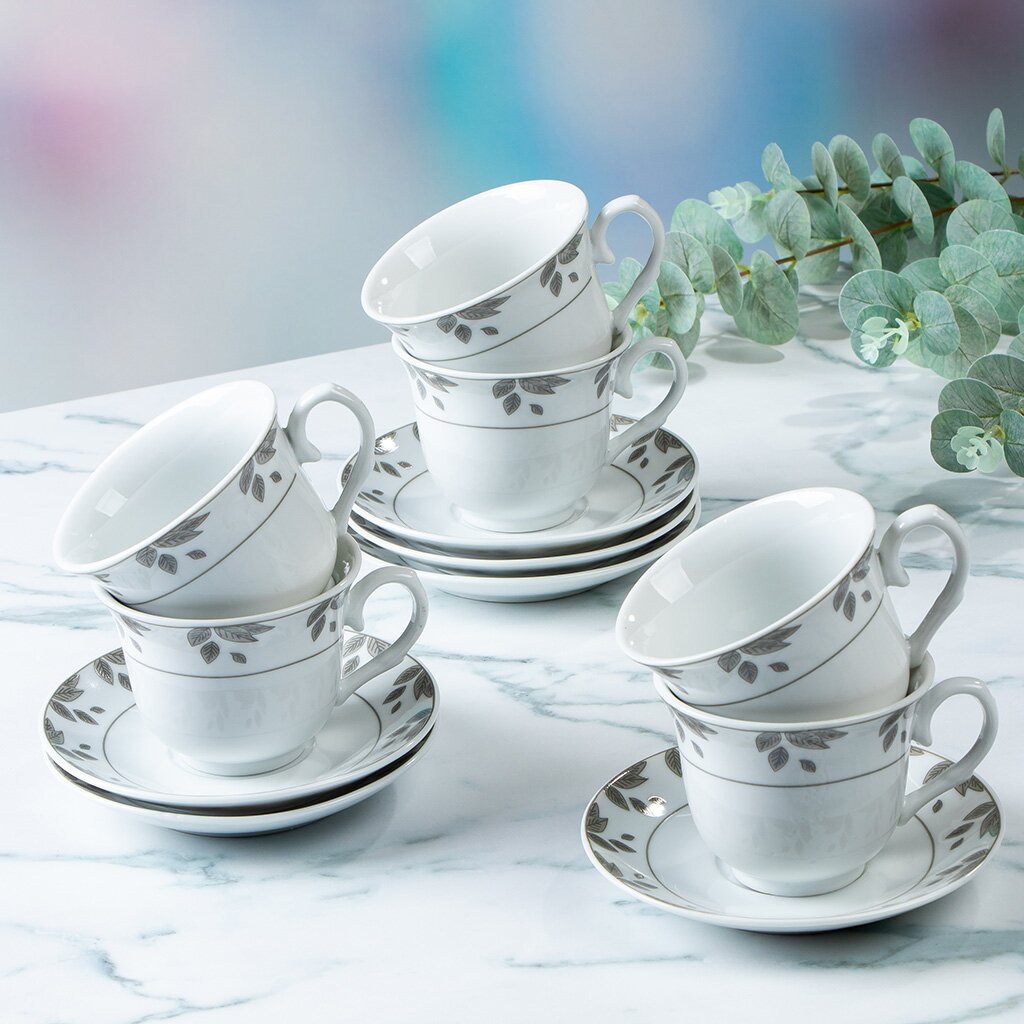 Набор чайный керамика, 12 предметов, на 6 персон, 230 мл, Серебряные листья, подарочная упаковка миф макраме 20 плетеных предметов декора для вашего дома 16