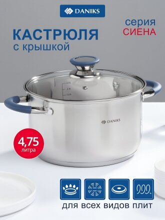 Кастрюля нержавеющая сталь, 4.75 л, крышка стекло, Daniks, Сиена, SD-A93-22, индукция