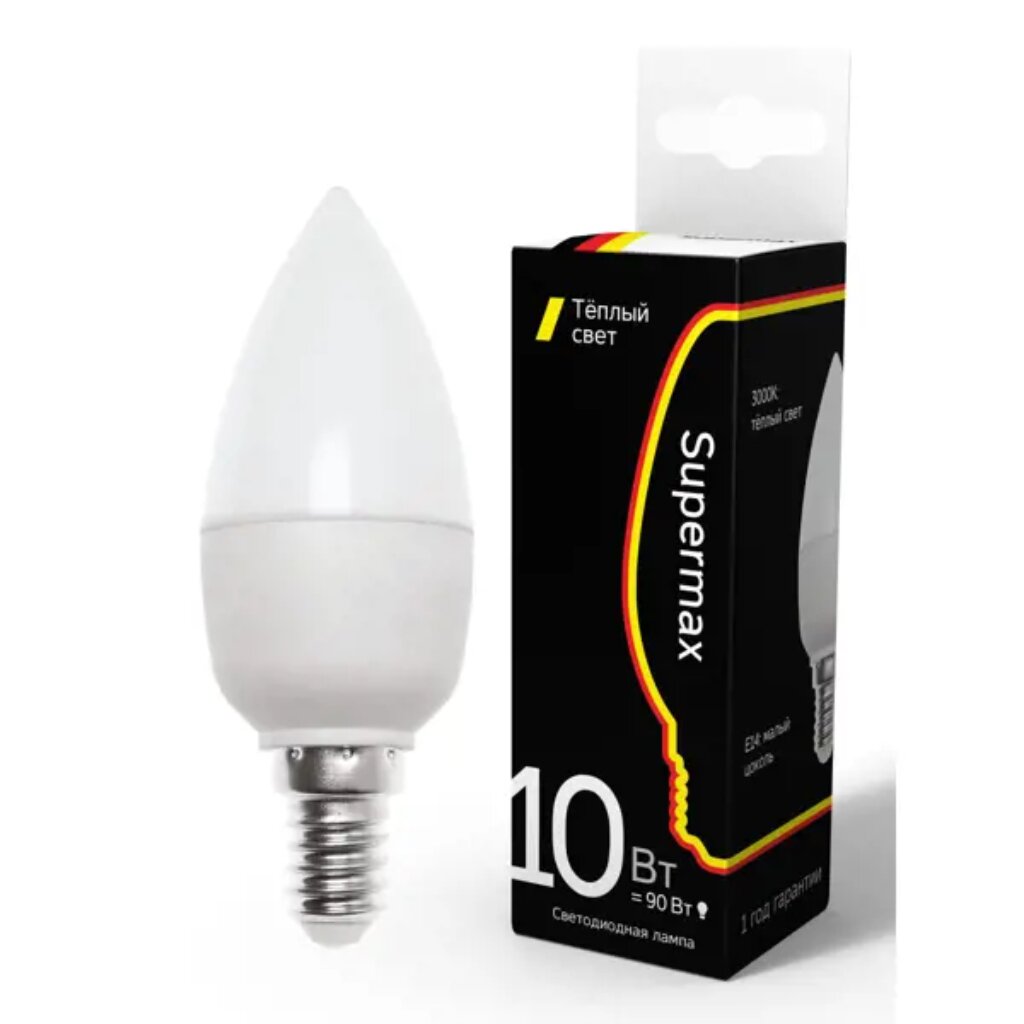 Лампа светодиодная E14, 10 Вт, 90 Вт, свеча, 3000 К, свет теплый белый, Supermax