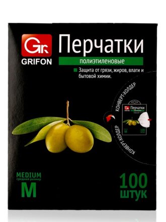 Перчатки одноразовые полиэтилен, размер M, 100 шт, Grifon, 303-018/020