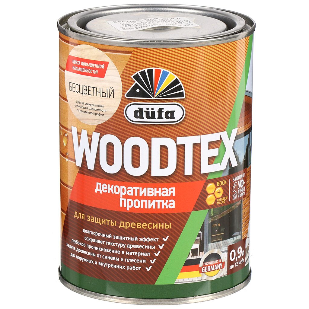 Пропитка Dufa, Woodtex, для дерева, защитная, бесцветная, 0.9 л пропитка dufa woodtex для дерева защитная рябина 0 9 л