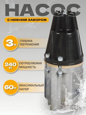 Насос вибрационный, нижний забор, 15 м, 240 Вт, глубина погружения 3 м, максимальный напор 60 м, 1.5 м³/ч, Малыш