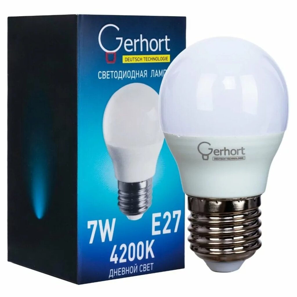 Лампа светодиодная E27, 7 Вт, шар, 4200 К, свет дневной, Gerhort, Лампа