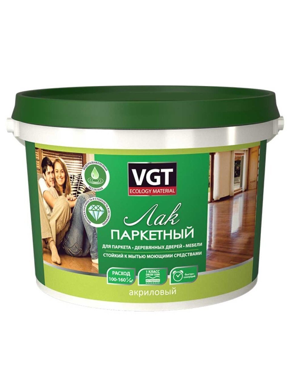 Лак VGT, 15079, паркетный, водно-дисперсионный, полуматовый, акриловый, для внутренних и наружных работ, 0.9 кг
