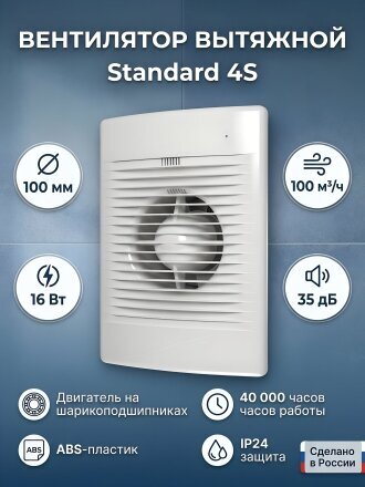 Вентилятор вытяжной настенный, ERA, установочный диаметр 100 мм, 16 Вт, 100 м³/ч, Standard 4S