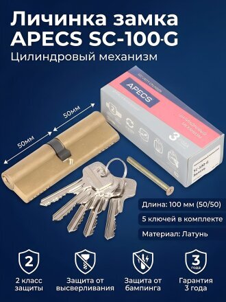 Личинка замка двери Apecs, SC-100-G (SC-100-Z-G), 11654, 100 мм, золото, 50/50