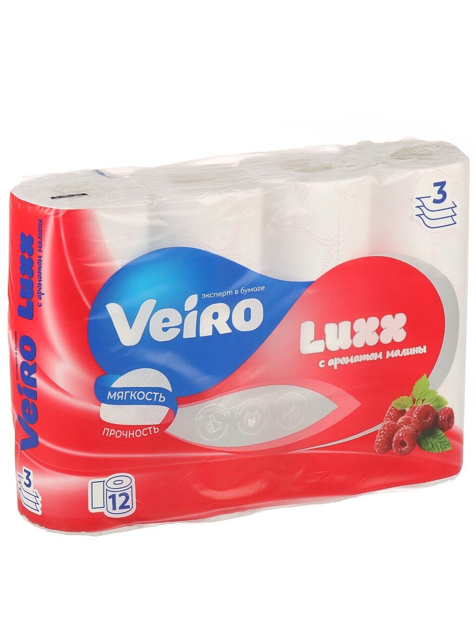 Туалетная бумага Veiro, Luxx, Малина, 3 слоя, 12 шт, 17 м, с втулкой