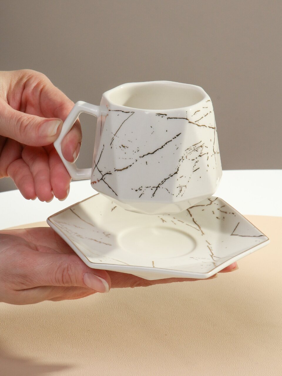 Набор чайный керамика, 12 предметов, на 6 персон, 180 мл, Белый мрамор, Y4-6605, подарочная упаковка