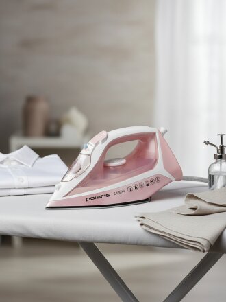 Утюг Polaris, PIR 2497AK, 2400 Вт, керамика, вертикальное отпаривание, противокапельная система, система самоочистки, 3 м, бело-розовый