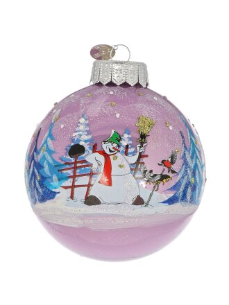 Елочный шар Снеговик и птички, 10 см, стекло, КУ-100-244008