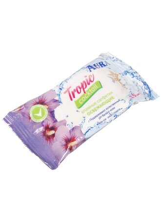 Салфетки влажные Aura, Тропический коктейль, освежающие, 15 шт, в ассортименте, 6065