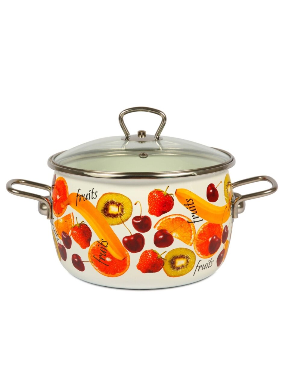 Кастрюля эмалированная сталь, 4 л, крышка сталь, петля, сферический, СтальЭмаль, Fruits, 1SC205S, белая, индукция