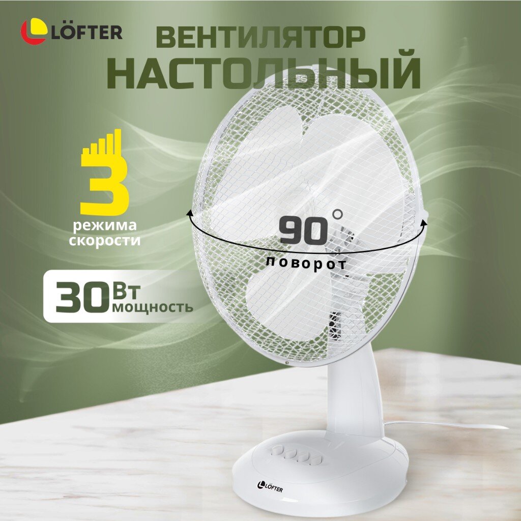 Вентилятор настольный, Lofter, FT30-B6, 30 Вт, 3 скорости, поворотный 90  градусов, наклонный, белый, FT30-B6 в Воронеже: цены, фото, отзывы - купить  в интернет-магазине Порядок.ру