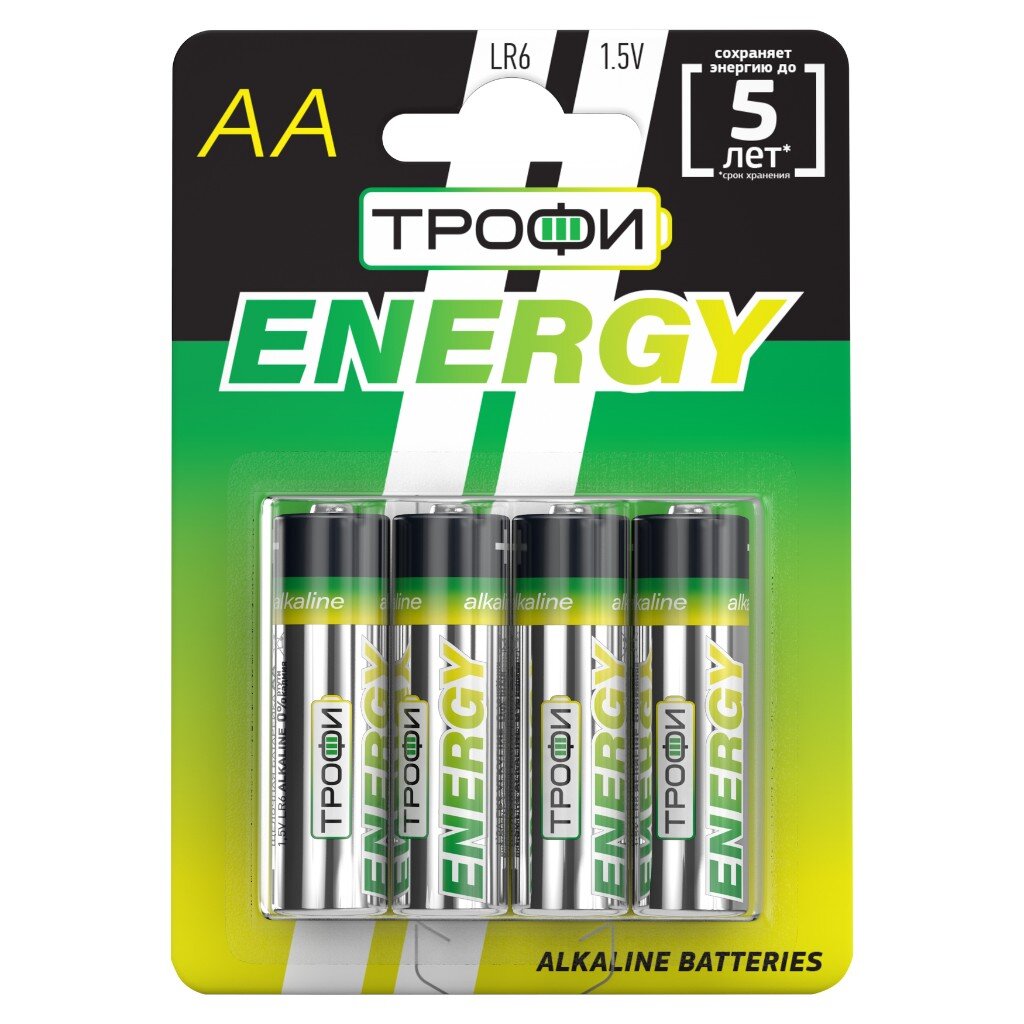 Батарейка Трофи, АА (LR06, LR6), Energy Alkaline, алкалиновая, 1.5 В, блистер, 4 шт, Б0017046 батарейка gp аа lr06 lr6 alkaline ultra алкалиновая блистер 2 шт 10633