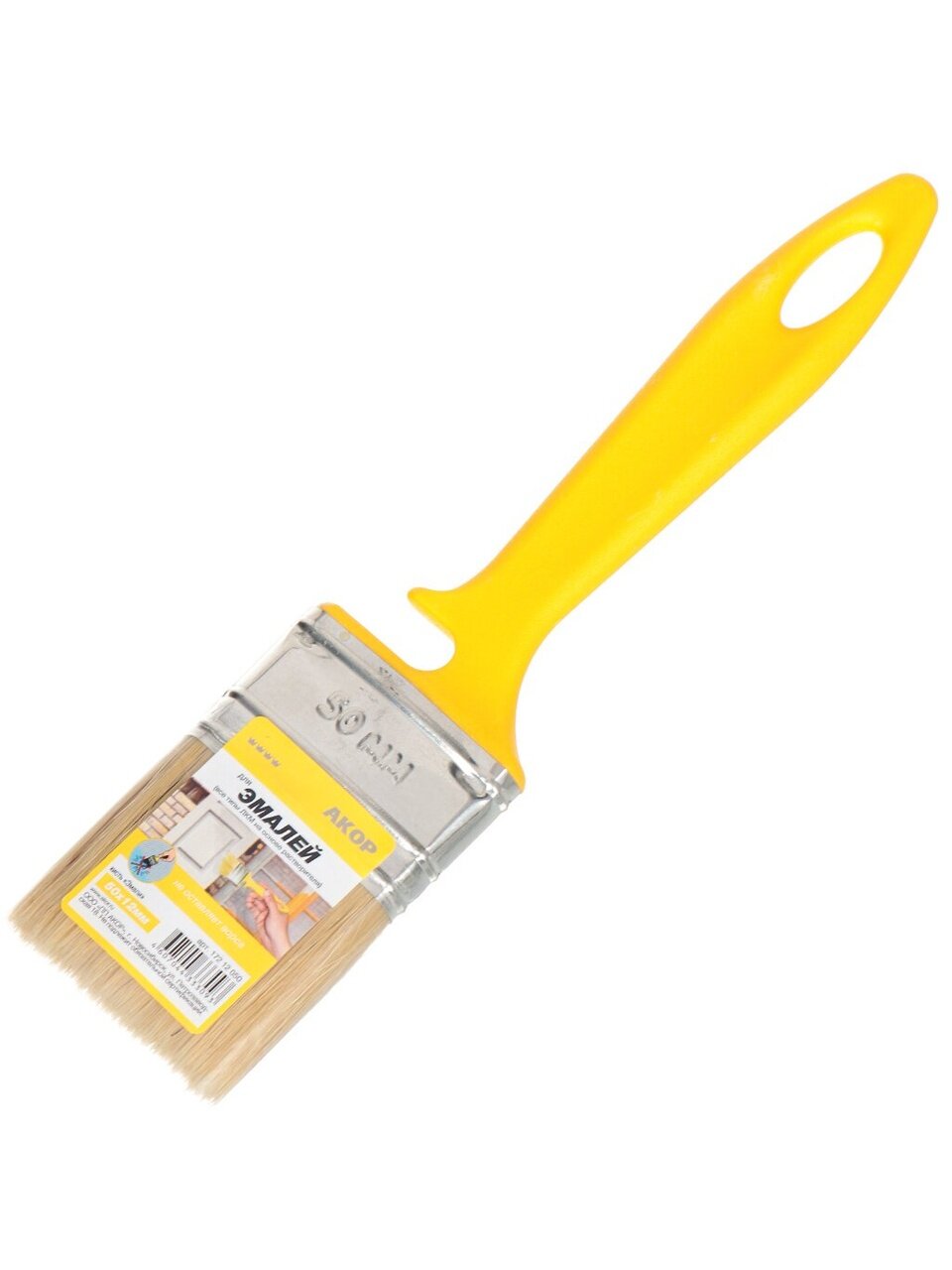 Кисть плоская, Акор, Эмали, 12х50 мм, натуральная щетина, рукоятка пластик, 172 12 050