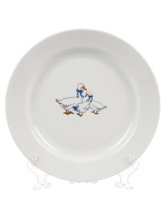 Тарелка обеденная, фарфор, 24 см, круглая, Гладкий край Гуси, Дулевский фарфор, 101952