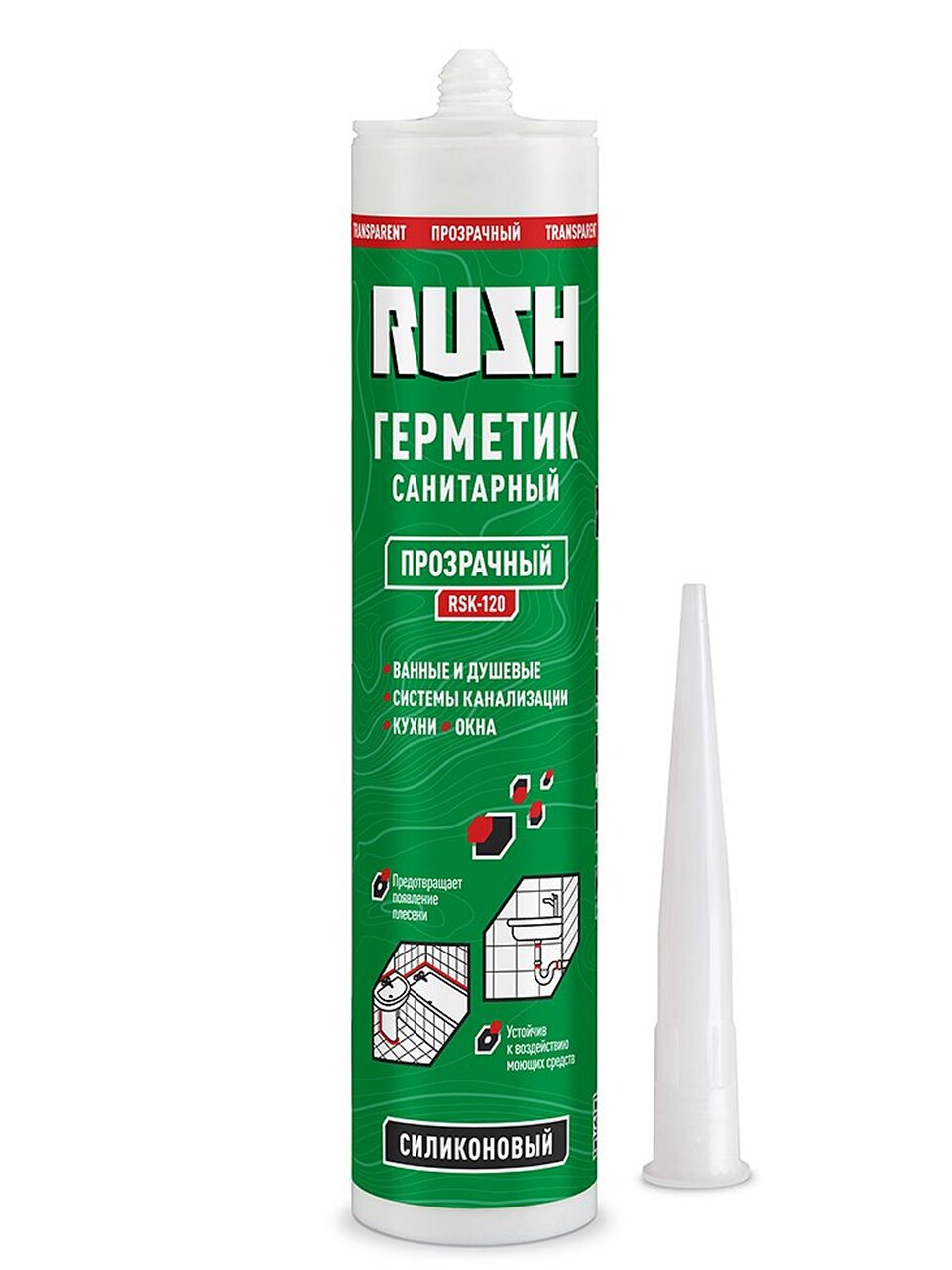 Герметик силиконовый, санитарный, KUDO, RUSH, RSK-120, 230 мл, прозрачный