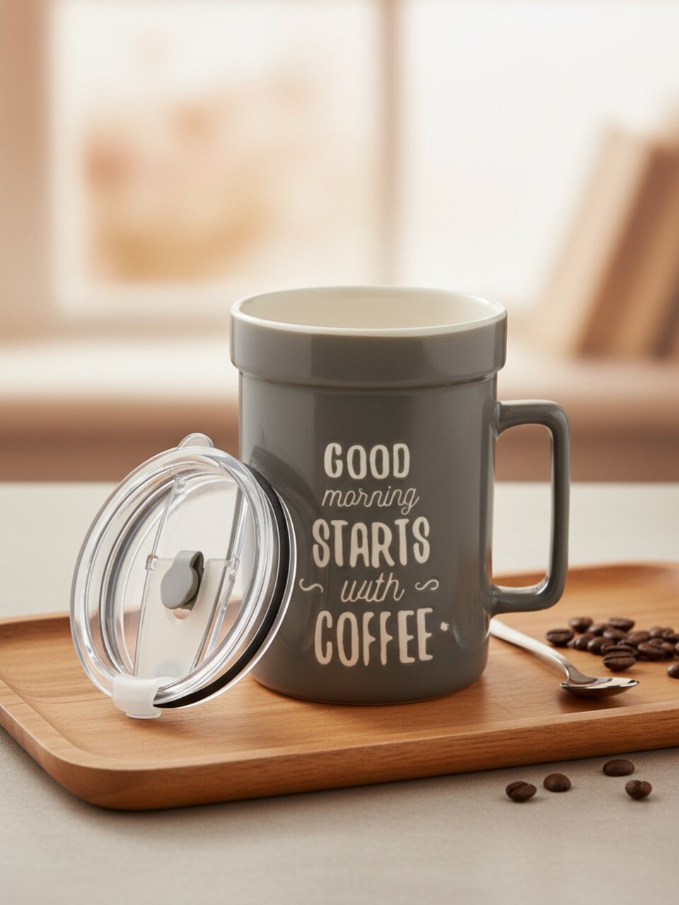 Кружка керамика, 400 мл, с крышкой, с трубочкой, Утро начинается с кофе, Y4-11315, в ассортименте