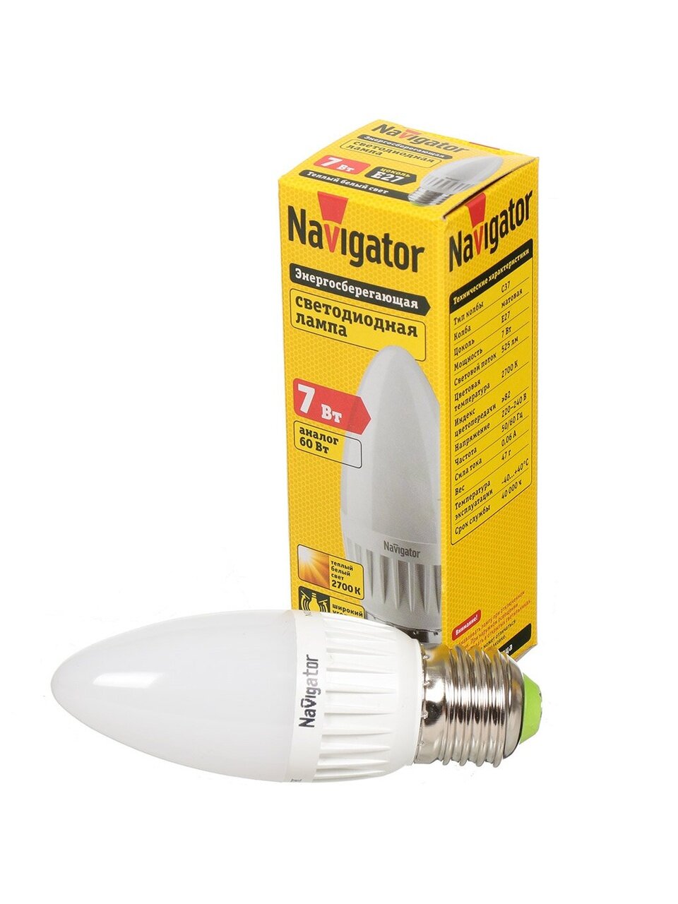 Лампа светодиодная E27, 7 Вт, 60 Вт, 220 В, свеча, 2700 К, теплый белый свет, Navigator, 94493