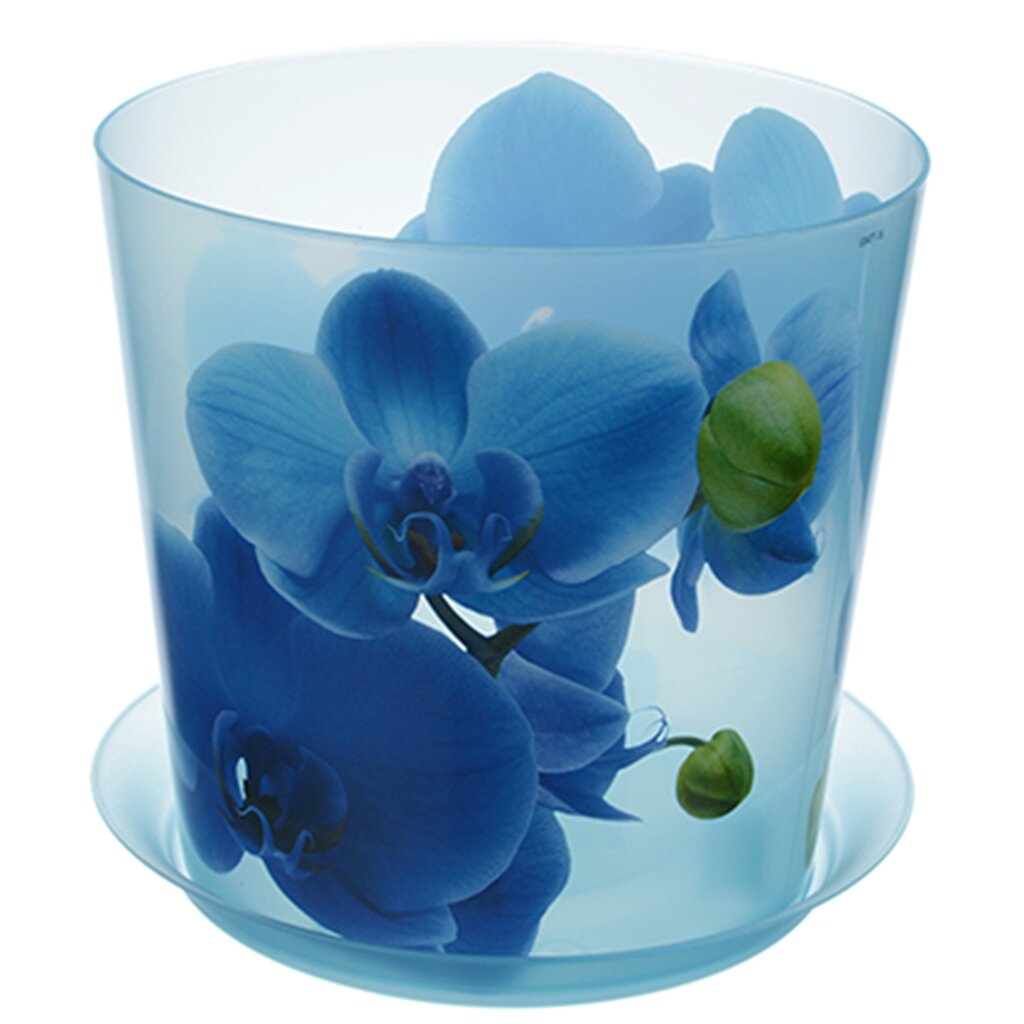 Горшок для цветов пластик, 2.4 л, 16х15.5 см, с подставкой, голубая орхидея, Idea, Деко, М 3106