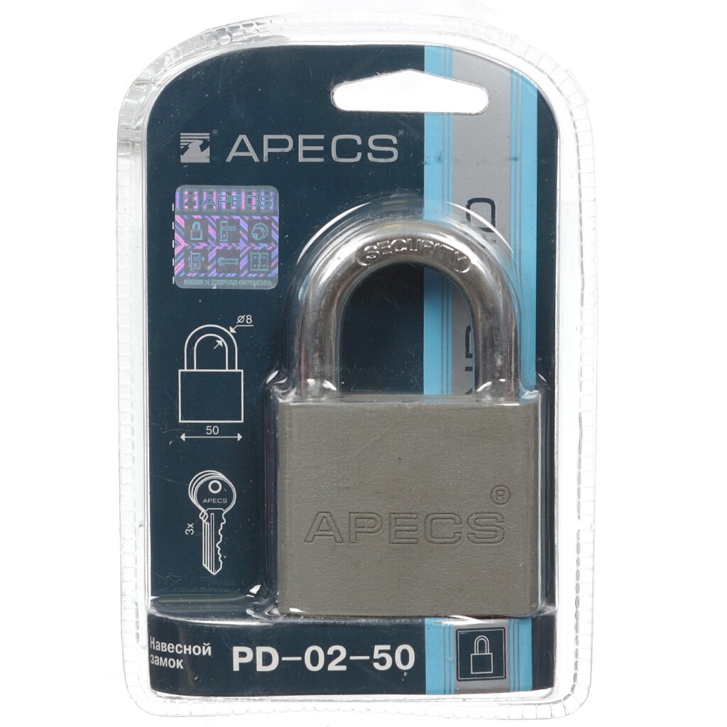Замок навесной Apecs, PD-02-50, 17487, цилиндровый, 3 ключа замок навесной apecs pd 02 60 17488 цилиндровый 3 ключа
