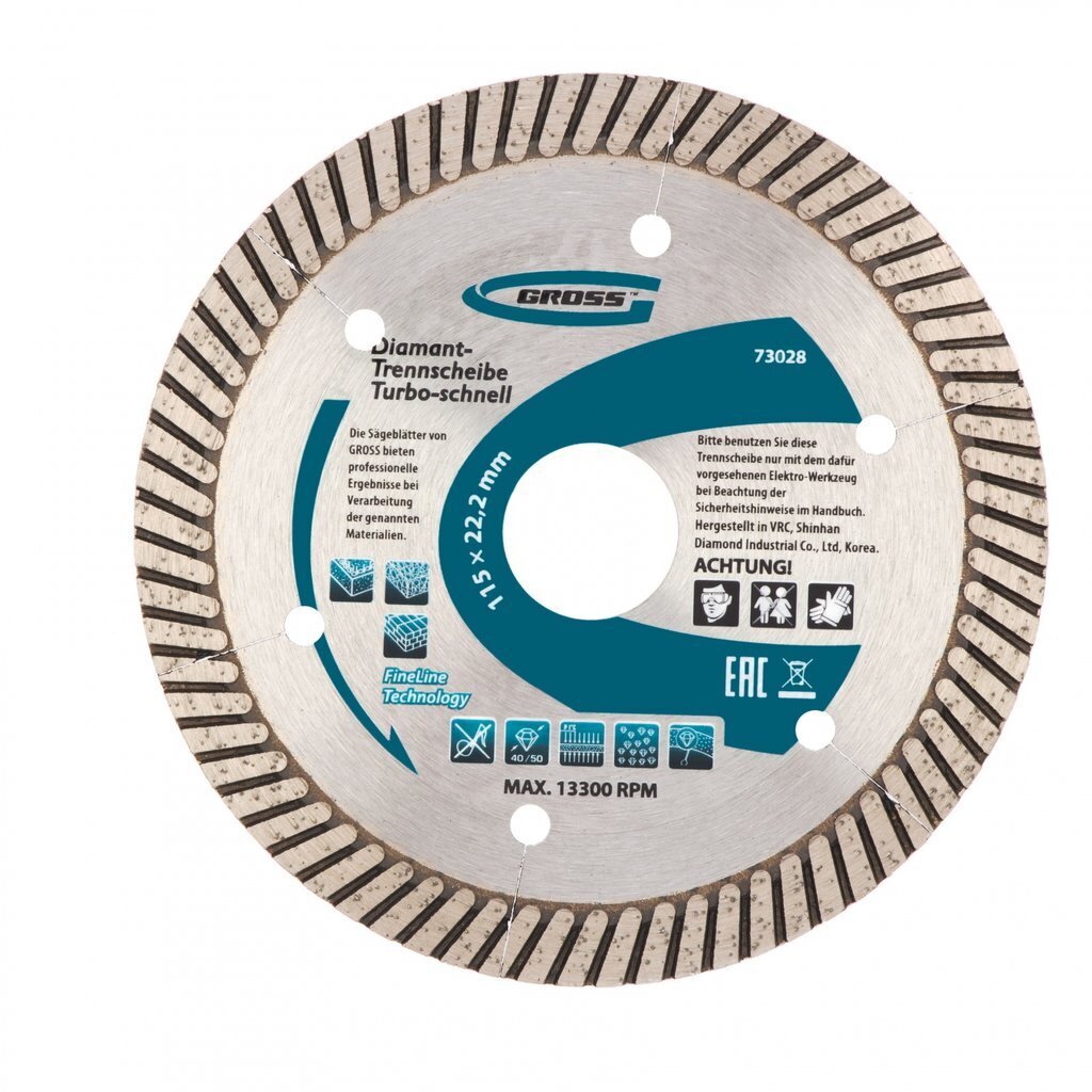 Диск алмазный ф115х22,2мм, турбо с лазерной перфорацией, сухое резание, Gross, 73028