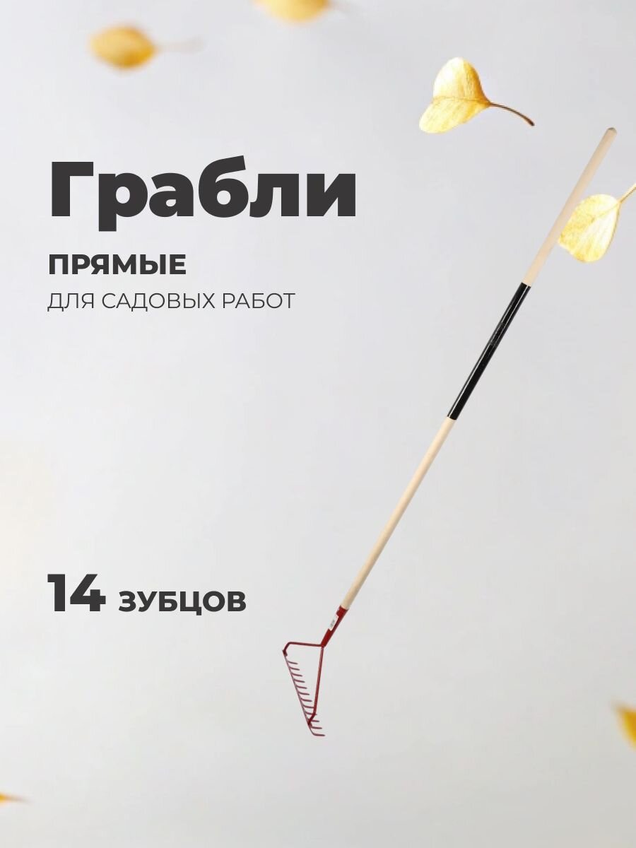 Грабли прямые, 14 зуб, сталь, с выносной тулейкой, садовые, черенок деревянный