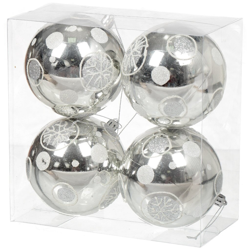 Елочный шар 4 шт, серебро, 10 см, пластик, SY18CBB-245