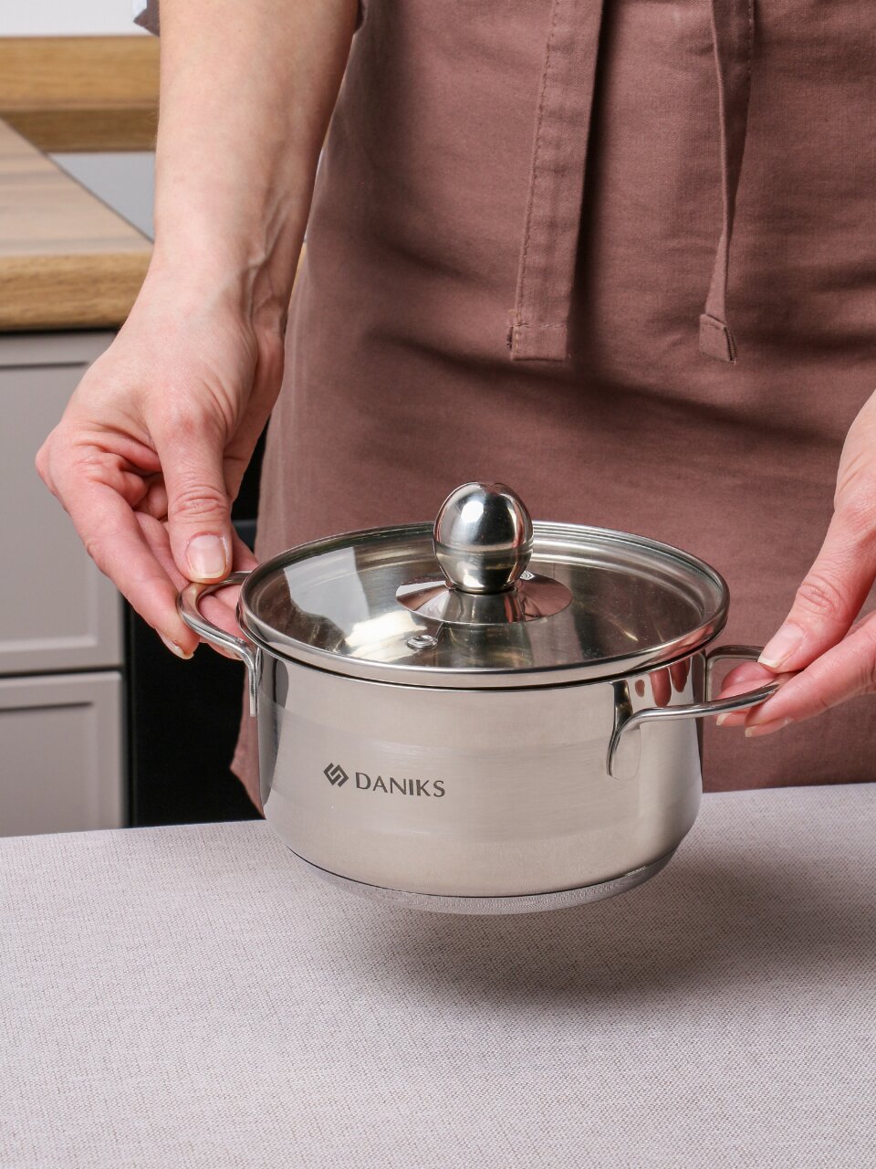 Кастрюля нержавеющая сталь, 1 л, крышка стекло, Daniks, GS-01311-14CA/SD-514, индукция