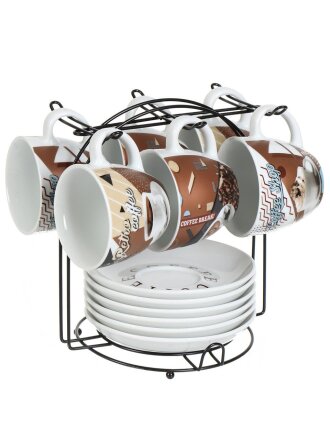 Набор чайный фарфор, 12 предметов, на 6 персон, 180 мл, металлическая подставка, Кофе-брейк, RS097-1473J, подарочная упаковка