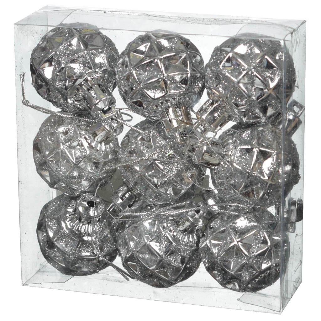 Елочный шар Волшебная страна, PBD4-9-032-S, 9 шт, серебро, 4 см, рисунок, ПВХ коробка, 101742