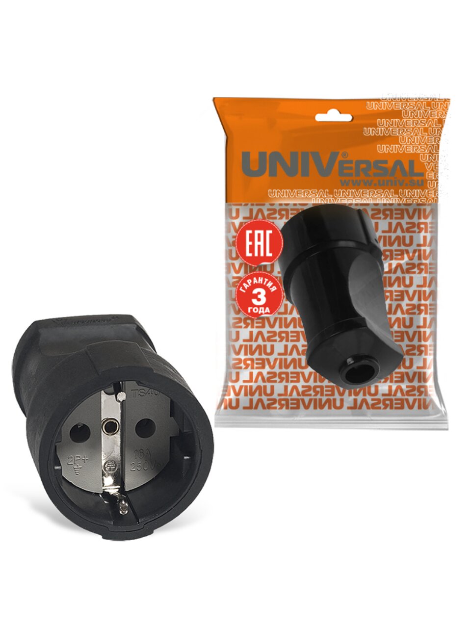 Штепсельное гнездо с заземлением, 16 А, 250 В, черное, еврослот, UNIVersal, А1020