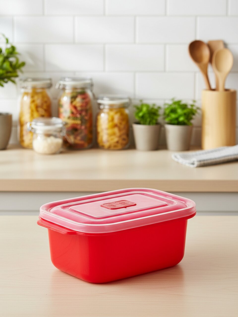 Контейнер пищевой пластик, 1 л, 18.5х12.5х8 см, красный, прямоугольный, с клапаном, DDStyle, 31202