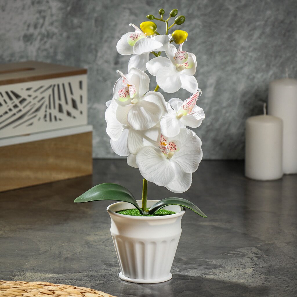 Цветок искусственный декоративный Орхидея в кашпо, 32 см, белый, Y4-7934 ок искусственный декоративный орхидея в кашпо 55 см белый y4 7945