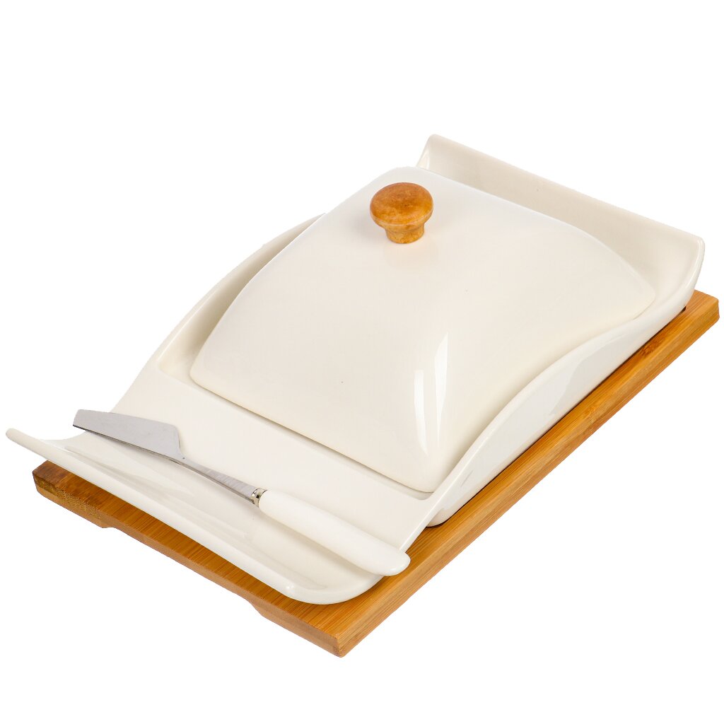 Масленка керамика, крышка керамика, на бамбуковой подставке с ножом, Y6-6467