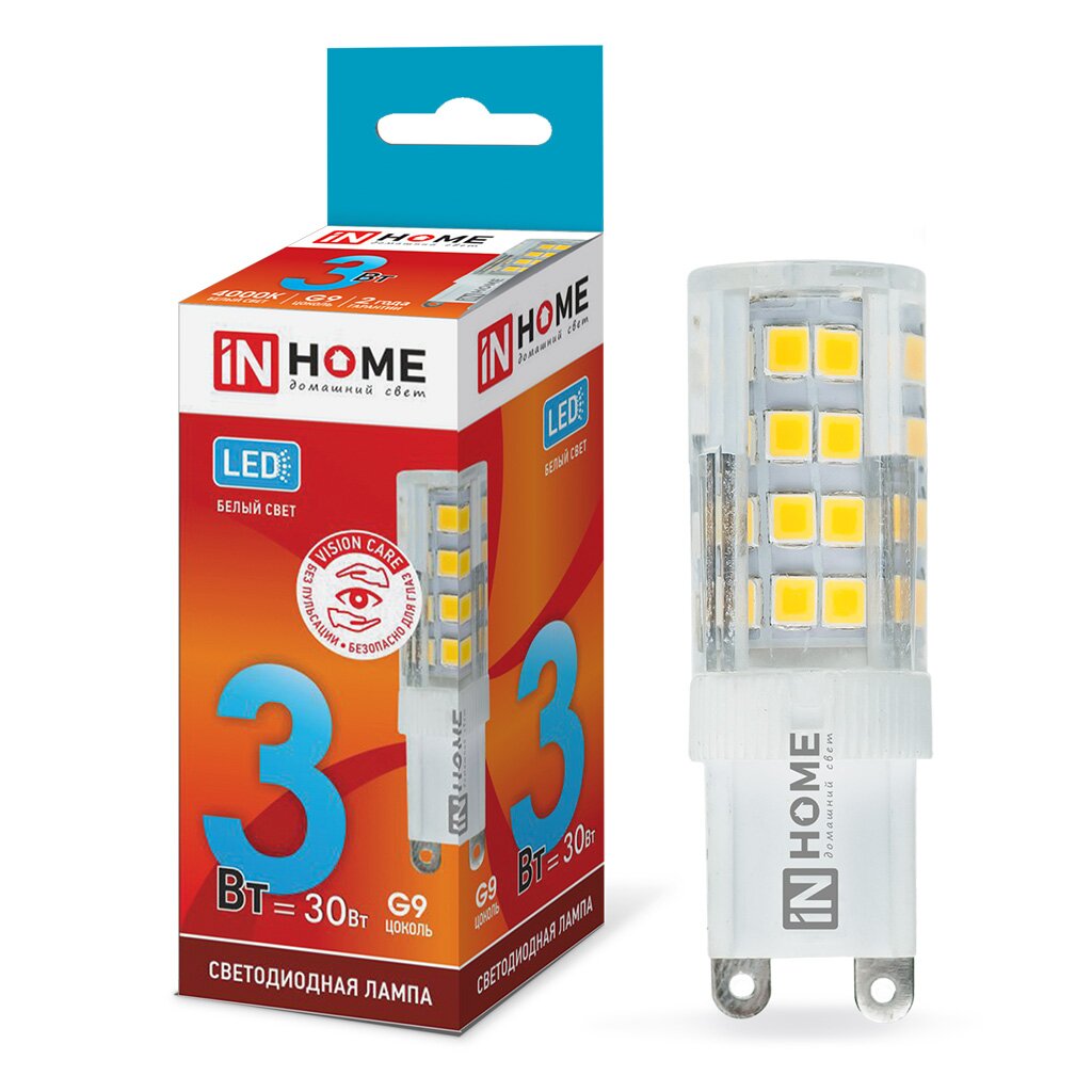 Лампа светодиодная G9, 3 Вт, 30 Вт, 230 В, капсула, 4000 К, свет холодный белый, In Home