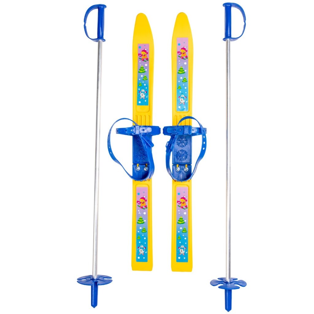 Лыжи для детей, 65 см, с палками, 75 см, мягкое крепление, в сетке, Олимпик-спорт Мишки конни катается на лыжах