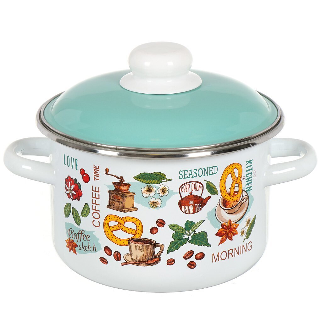 Кастрюля эмалированная сталь, 2 л, крышка сталь, цилиндрическая, СтальЭмаль, Утренний кофе, 6RD161M