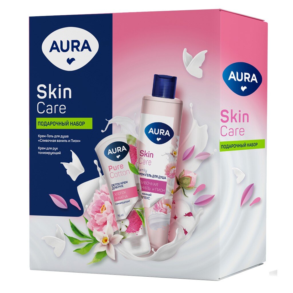 Набор подарочный для женщин, Aura, Skin Care, гель для душа Сливочная ваниль и пион 250 мл + крем для рук тонизирующий 75 мл