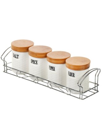 Банка для сыпучих продуктов, керамика, 4 шт, с крышкой, на металлической подставке, Y4-6268, белая