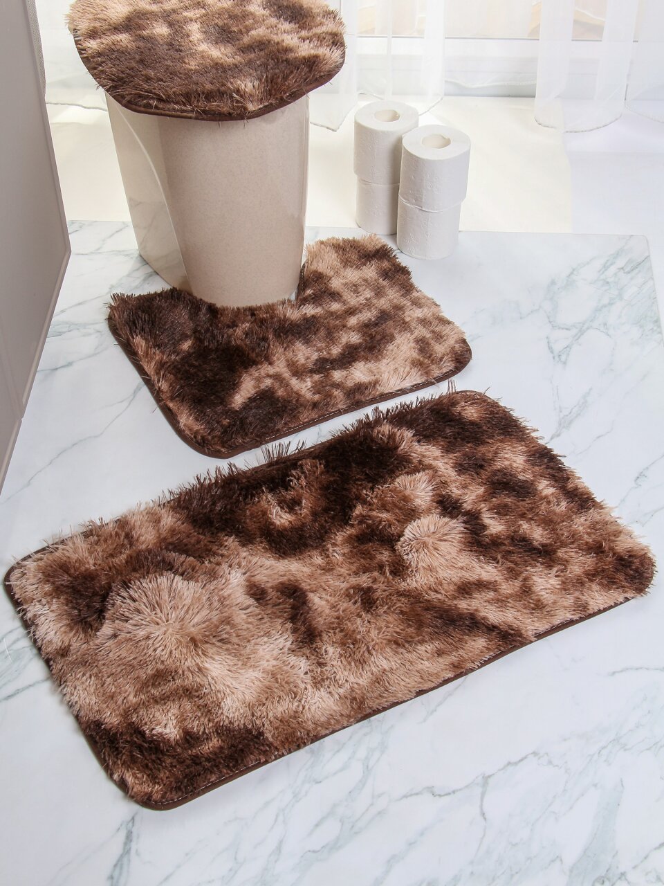 Набор ковриков для ванной и туалета, 3 шт, 0.48х0.78, 0.48х0.40, 0.8х0.42 м, полиэстер, бежево-коричневый, Silvano, Мех, Y4-11485, без рисунка