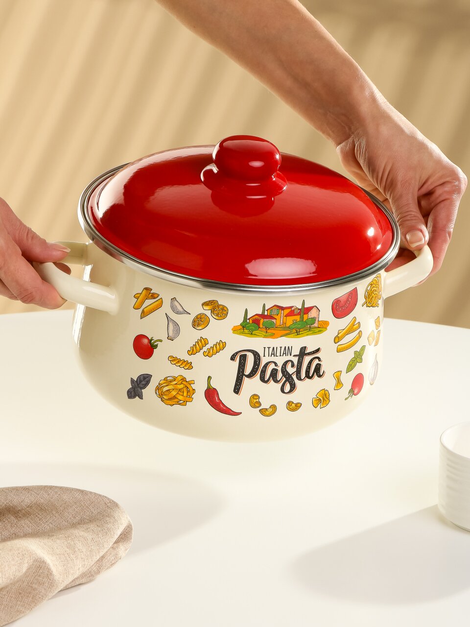 Кастрюля эмалированная сталь, 4 л, крышка сталь, коническая, Appetite, Pasta Italian, 1с46я, индукция