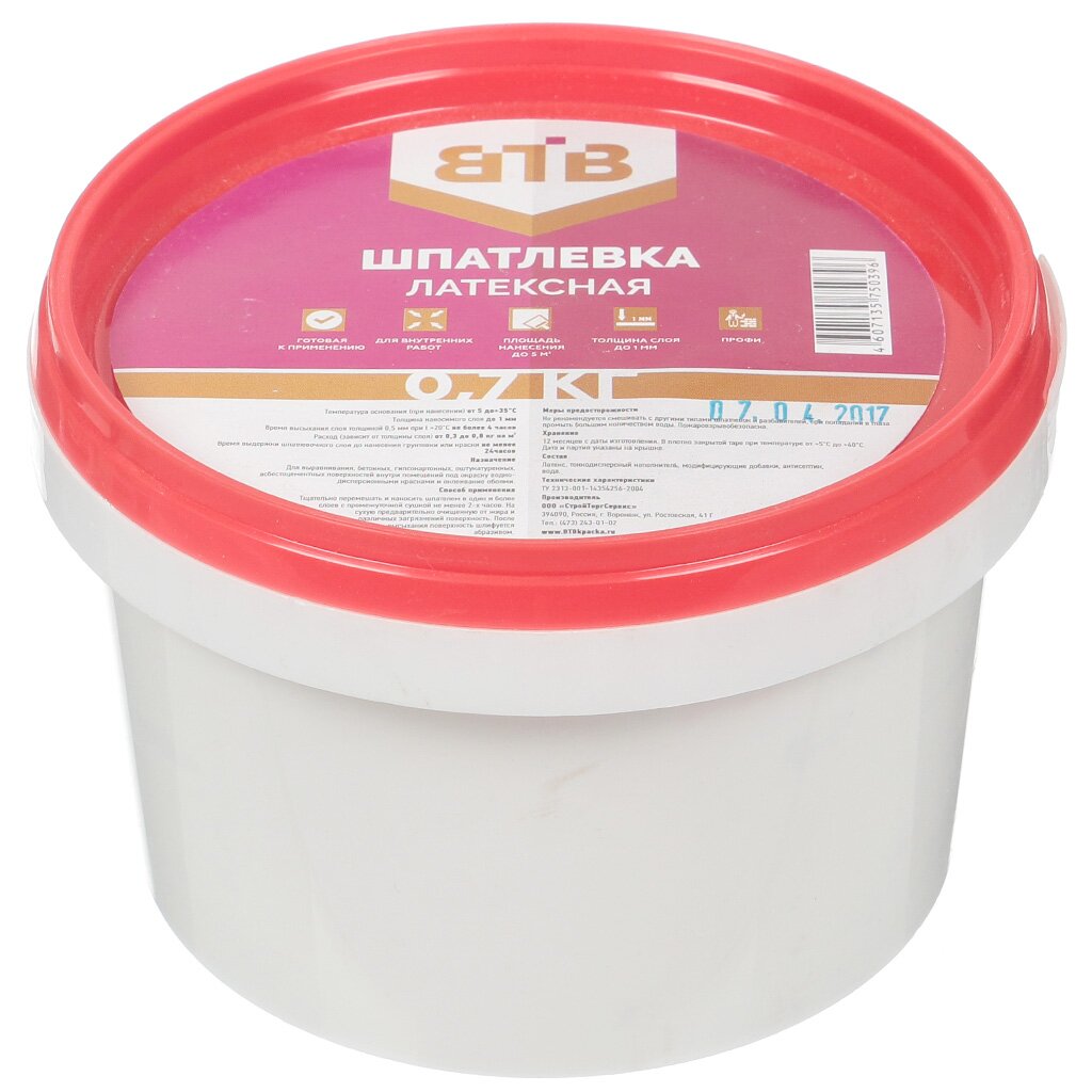Шпатлевка ВТВ, латексная, 0.7 кг шпатлевка полимерная суперфинишная rocks pasta 15 кг