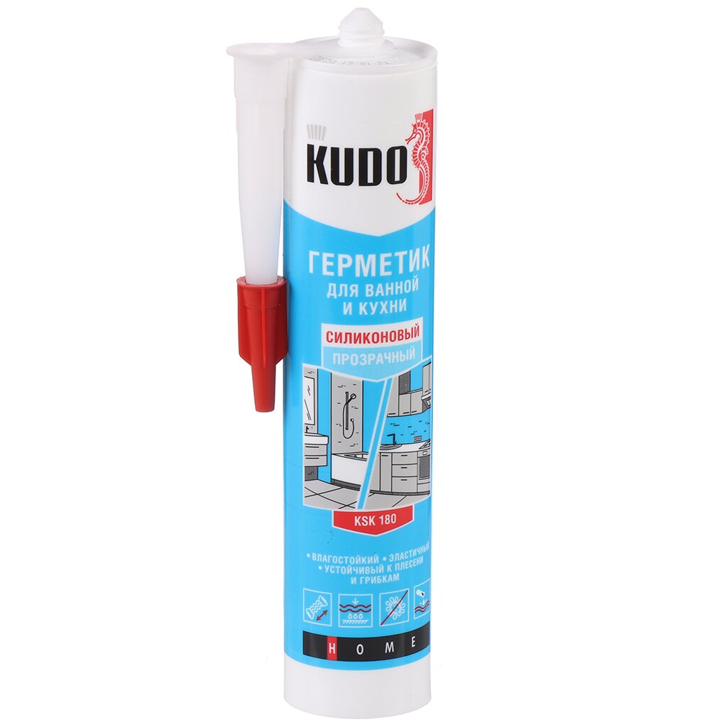 Герметик силиконовый, для ванной и кухни, KUDO, KSK-180, 280 мл, бесцветный герметик силиконовый универсальный kudo donewell dst101 40 мл белый
