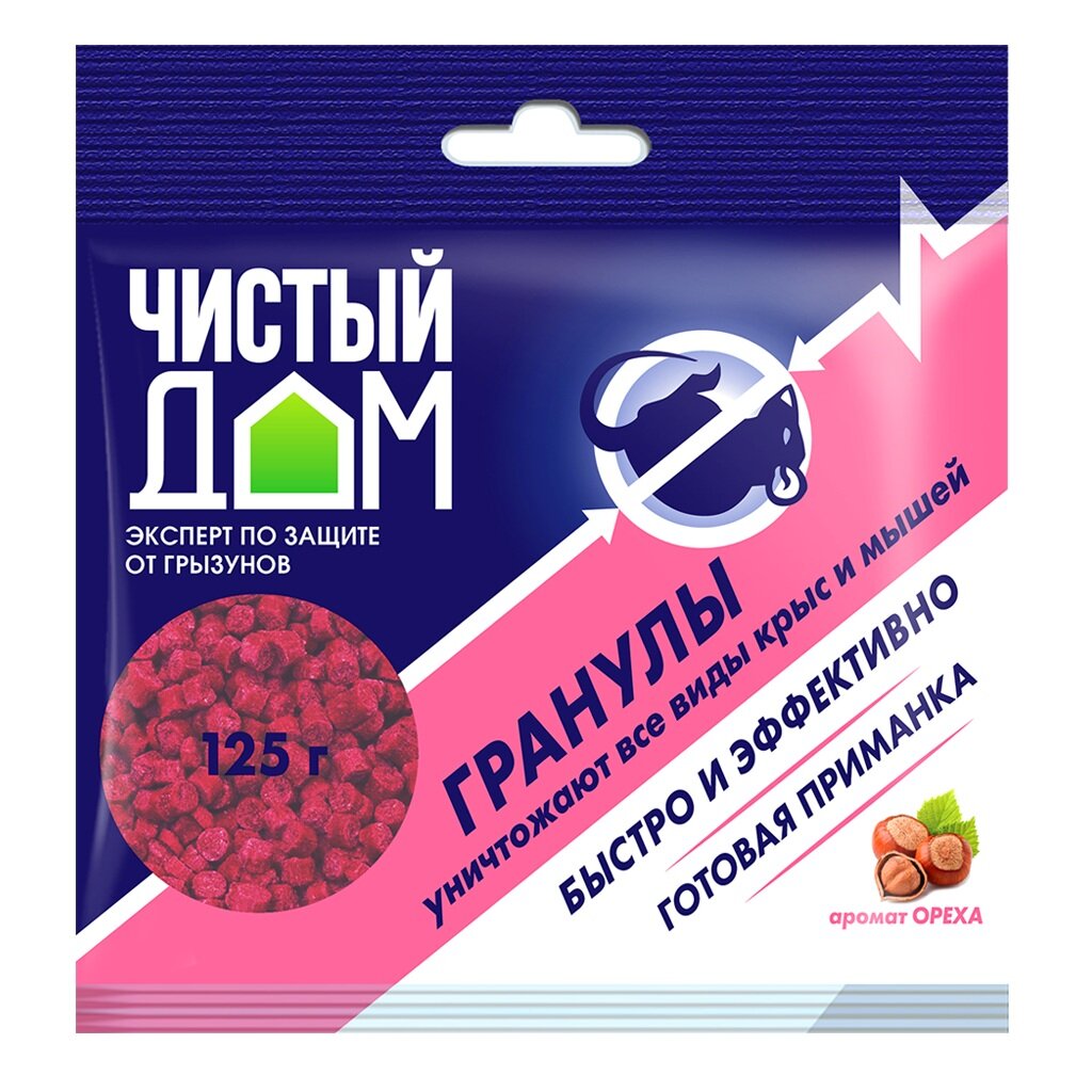 Родентицид Чистый Дом, от крыс и мышей, аромат ореха, гранулы, 125 г