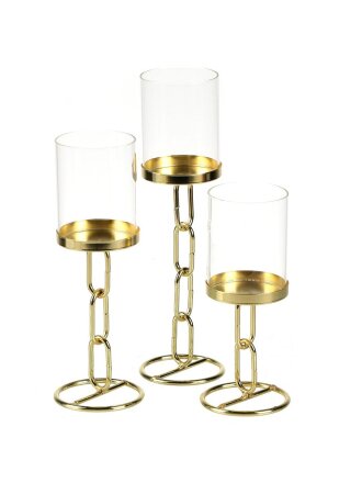 Набор из 3-х подсвечников металл, стекло, 3 свечи, 19.5/23.5/28 см, золотой, Bronco, 120-205