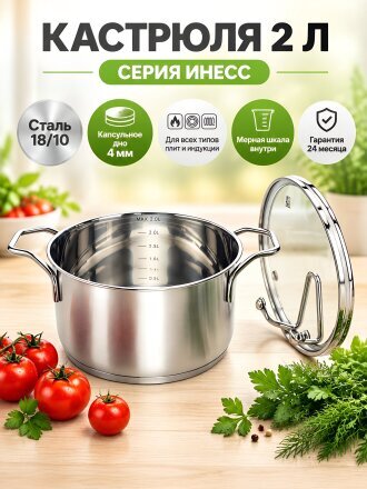 Кастрюля нержавеющая сталь, 2 л, крышка стекло, Taller, Инесс, TR-17256, индукция